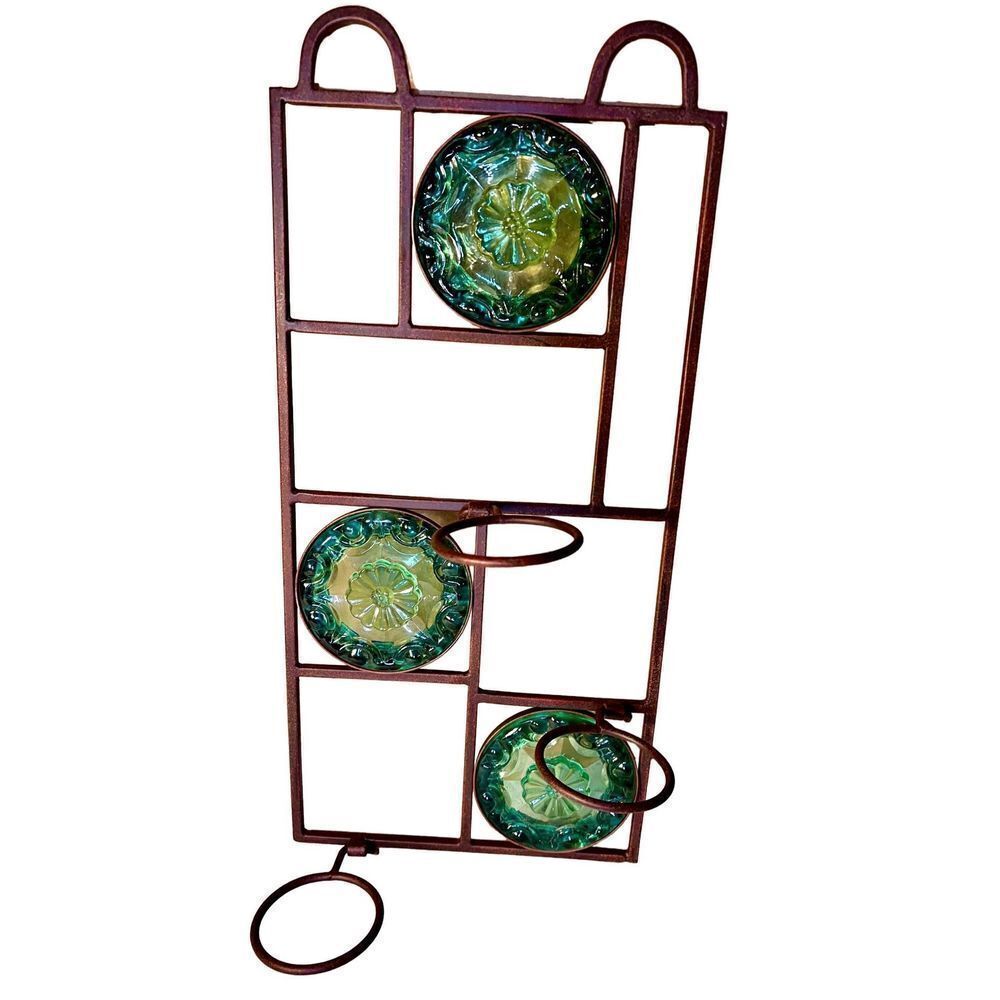 Vintage Wall Hanging Metal 3 Light Votive Candle Holder Green Glass 16”